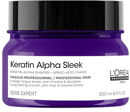 L'Oréal Professionnel Keratin Alpha Sleek Maske, für tiefenwirksame & intensive Pflege, langanhaltende Geschmeidigkeit und Frizz- und Volumen-Kontrolle, 250ml