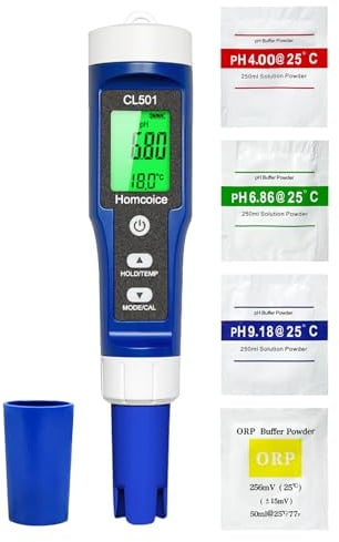 Homcoice Medidor pH Cloro Piscinas 5 en 1, pH Cloro ORP H₂ Temperatura Meter medición prápida y precisa, Tester Calidad Agua para agua potable, spa, acuario, hidroponía
