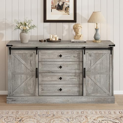 Garvee Buffet Rustique de 150 CM avec 4 Tiroirs Et 2 Portes Coulissantes,Étagères Ajustables, Bois Massif，Meuble D'appoint, Meuble TV, 149 x 40 x 80 cm