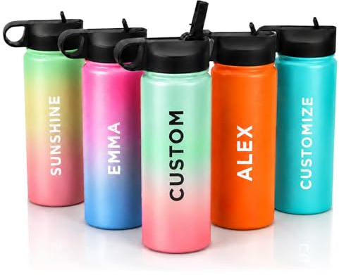 OMNRELM Gourde Personnalisée avec Texte, 500 ml avec Paille | Bouteille isotherme en acier inoxydable, étanche, pour fitness, école et randonnée, cadeau unique