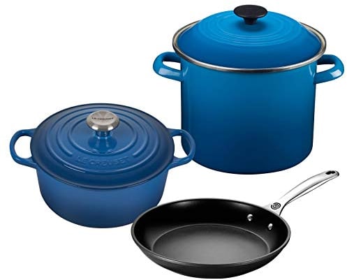 Le Creuset 5-Piece Oven and Stovetop Cookware Bundle - 4-1/2 QT Round Dutch Oven, 8 QT Covered Stockpot, and 10 Toughened Nonstick Pro Fry Pan - Marseille