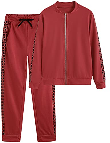 amropi Traingsanzug Damen Jogginganzug Kariert Pullover Lange Ärmel Top + Hose Sportanzug 2 Stück (Rot,3XL)