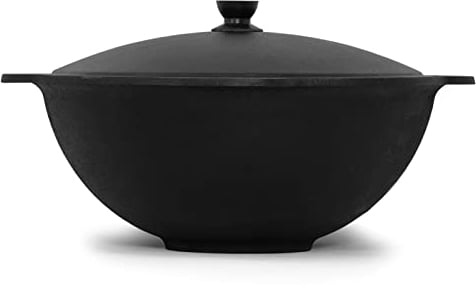 4BIG.fun Kazan de hierro fundido 10 L con tapa de aluminio - Olla Uzbeka Namangan con fondo plano - Wok asiático para parrilla