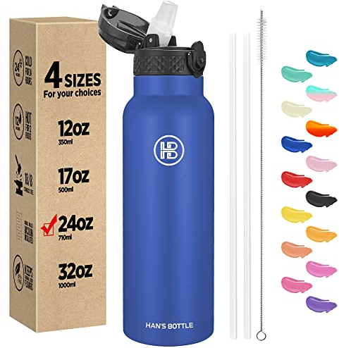 Han's Bottle Sports Water Bottle - 24 Oz, Straw Lid, Leak Proof, Vacuum Insulated Stainless Steel, Double Walled, Thermo Mug,Navy Blue