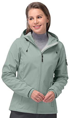 33,000ft Giacca softshell da donna, impermeabile, traspirante, calda, in pile, antivento, con cappuccio, verde chiaro, XXL