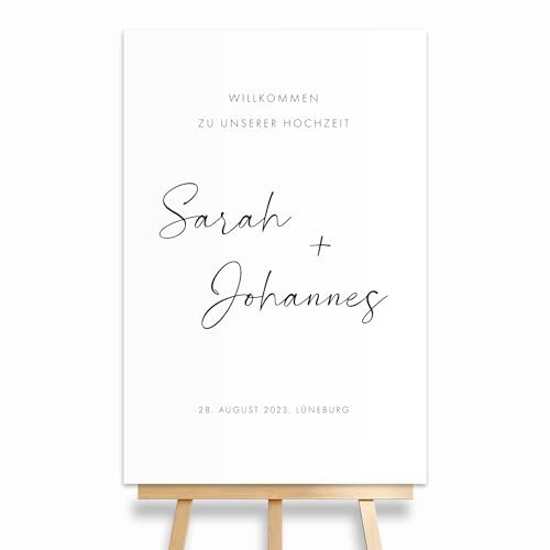 HEI Print Willkommensschild Hochzeit im modernen Stil mit Datum und Namen, personalisierte Hochzeitsdeko, Willkommen Schild, schwarz weiß, Leinwand, 60x40 (Hochformat)