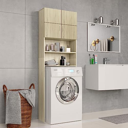 Gecheer Mobile Armadio per Lavatrice Moderno Salvaspazio in Truciolato,Rovere Sonoma,64x25,5x190 cm,Mobile per Lavatrice con Ante e Ripiani,Mobile per Lavatrice Salvaspazio
