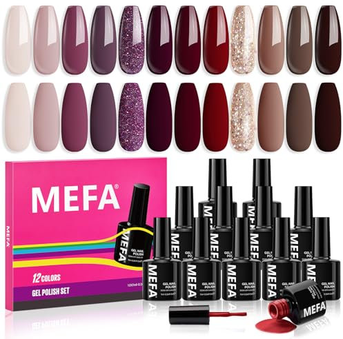 MEFA Red Gel Nail Polish Set, 12 Colors Red Gel Polish Set Nude Brown Gel Polish Soak Off UV Led Gold Glitter Dark Red Nail Gel Manicure at Home DIY Salon for Women