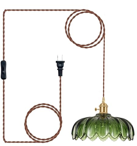 XZHGCEE Plug in Pendant Light Fixtures: Hanging Light Plug in Green Glass Hanging Lamp, Pendant Lighting for Kitchen Island, Bedroom, Dining Room, Living Room, E26 No Bulb
