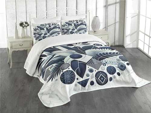 ABAKUHAUS Navy Blau Tagesdecke Set, Blätter, Palmen und Kreise, Gestepptes 3-teiliges Bettdecken-Set mit 2 Kissenbezügen, für Doppelbetten 220 x 220 cm, Dunkler Schieferblau Grau