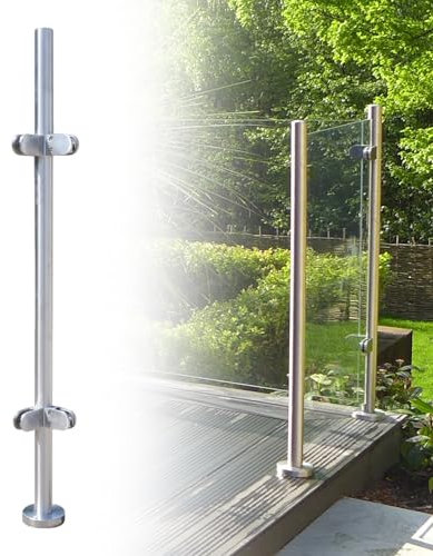 Barandilla de acero inoxidable, poste de cristal, barandilla de balcón, poste redondo de cristal para balcón, terraza, piscina al aire libre, jardín (poste central plateado, 110 cm)