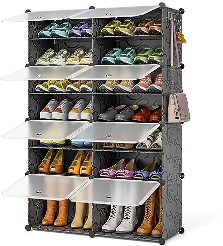 FUNLAX Shoe Rack, 2 x 8 Tier Shoe Storage for 32 Pairs Shoes, Multifunctional Dust-proof Plastic Shoe Storage Cabinet for All Kinds of Shoes, Toys, Books and Clothing