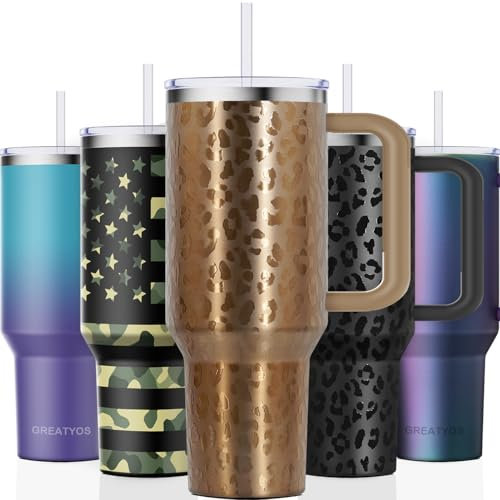 Trinkbecher mit Griff und Strohhalm-Deckel, isoliert, Becher mit Deckel, Trinkhalme, doppelwandig, Vakuum-Edelstahl, 1,2 l, Reisebecher, Geschenke für Männer, Frauen, Ihn, Sie (goldener Leopard)
