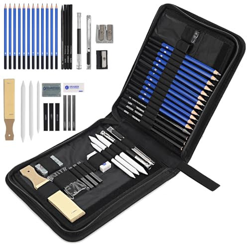 Juego de Lápices de Dibujo Profesional 33 Pcs - Kit para Boceto, Perfecto para Artistas y Principiantes, Incluye Lápices de Carbón, Goma de Borrar y Palo de Carbón