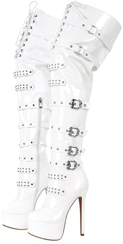 blingqueen Damen Plateau Stiefel Overknees Gothic Boots Stiletto High Heels Pfennigabsatz Überknie Lack Weiß 38 EU