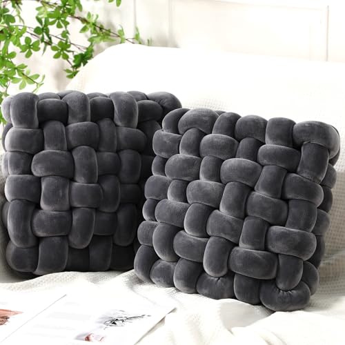 Wenqik 2 almohadas de nudo suaves para decoración del hogar, cojín cuadrado de felpa anudado para sala de estar, dormitorio, sofá, sala de estar, decoración de 12 x 13 pulgadas (gris oscuro)