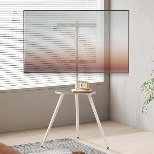 ECOTINY Tripod Easel TV Stand for 43 to 65 Inch LCD Led Screen, Height Adjustable and Swievel TV Stand, Portable TV Floor Stand with Wooden Tray for Bedroom, Living Room, Studio, Metal White.