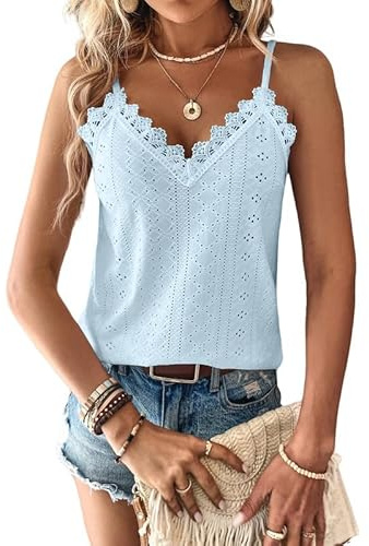 Haibang Debardeur Femme Chic et Élégant Été Top Caraco Dentelle sans Manche Bretelles Spaghetti Haut Sexy Lâche Chemise Oeillet Broderie Camisole Mode Casual Tank Tops