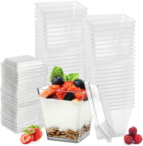WEFHEF 50PCS Vasos de Postre de Plástico Duro 8oz/240ml, Tazas de Postre de Plástico Reutilizables con 50 tapas, Envases de Plastico con Tapa Transparentes y Cuadrados, para Helado, Mousse, Pudín