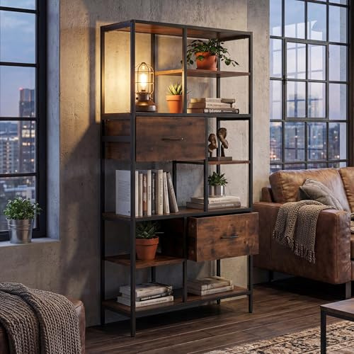 Mendler Regal HWC-P11 150x81x33cm MDF - Dunkelbraun | Regalschrank, Bücherregal, Standregal, Schubladen, Industrial, Metall, Melamin