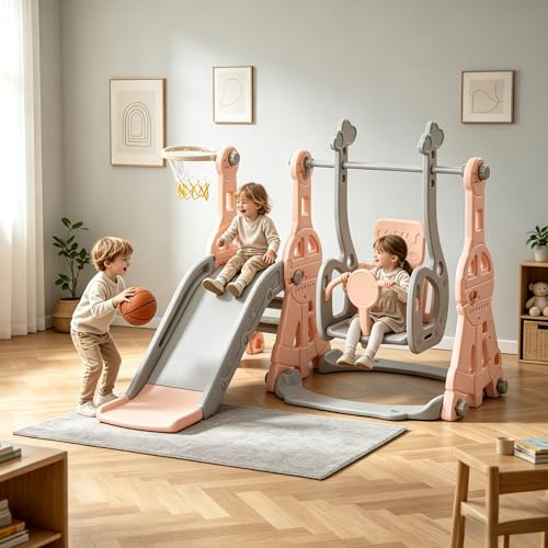 Scivolo 4 in 1 per bambini, per esterni e interni, parco giochi con scale, altalena, scivolo e supporto da basket, per bambini da 1 a 6 anni, sicuro e stabile (rosa, 140 x 118 x 102 cm)