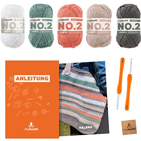 myboshi Häkelset Tasche Helena, inkl. No.2 Wolle, Nadel und Anleitung, original Label, Häkelpaket, 85% Baumwolle, 15% Kapok Orange, mit Häkelnadel