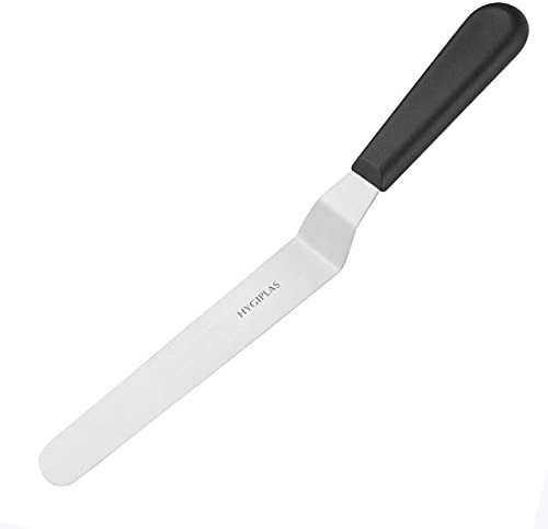 Hygiplas Stainless Steel Angled Blade Palette Knife 19.5cm, Black | Ergonomic shape offers precise control and reduces hand fatigue during intensive icing, spreading, and decorating.