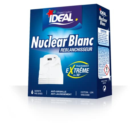 IDEAL - Reblanchisseur Extrême Nuclear Blanc, 20 g x 6 - Traitement Extrême, Déjaunit, Détache, Reblanchit, Préserve la Fibre des Textiles, Efficace dès 30°C - Formule Enrichie en Azurants Optiques