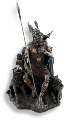 Veronese Design Bronzierte nordische Statue Gott Odin auf Thron mit Raben und Wölfen