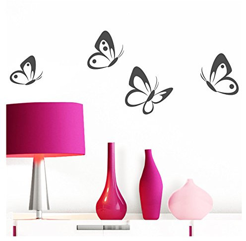 Grandora Wandtattoo 4er Set Schmetterlinge I dunkelgrau 8-10 cm I Baby Kinderzimmer selbstklebend Wand Aufkleber Wandaufkleber Wandsticker Sticker W697