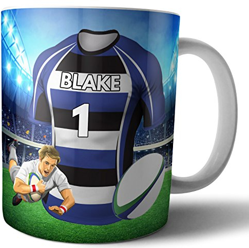 AK Giftshop Personalised Rugby Gift - Tea Coffee Mug - Shirt Themed - Bath Colours