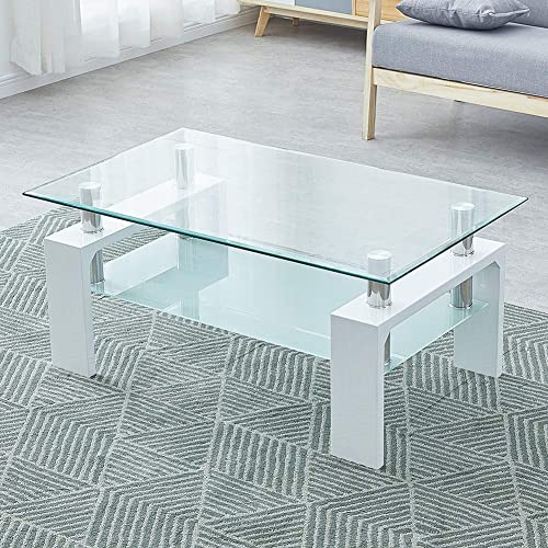 CLIPOP Couchtisch Rechteckig Beistelltisch aus Hartglas,Moderner Sofatisch mit Stauraum,Beistelltisch Glastisch mit Unterer Ablage,100 x 60 x 44 cm,Weiß