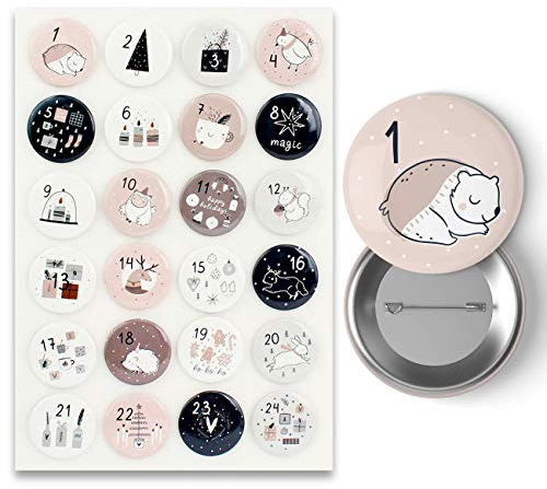Papierdrachen 24 Adventskalender-Zahlen auf Buttons 35 mm - Anstecknadeln zum Dekorieren von Adventskalendern - mit Zahlen von 1-24 - Rosa-blau - Ideal für Stoffsäckchen und Beutel - Zahlen-Buttons