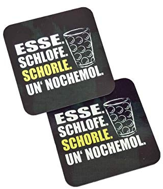 Fördeblau Pfälzische Untersetzer mit Mundart-Spruch Esse Schlofe Schorle un' nochemol | 2er-Set aus Holz | Originelle Tischdeko | 90x90 mm
