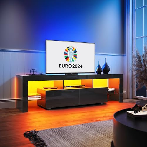 ELEGANT LED TV Unit 1600mm Black Gloss Modern TV Stand Cabinet with Ambient Lights for 32 40 43 50 52 55 60 65 inch 4k TV Living Room and Bedroom Furniture with Storages and Shelves