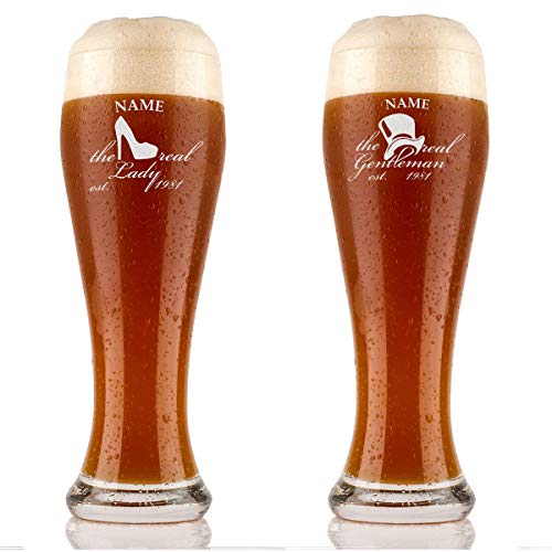 Bicchieri da birra con incisione, set da 2 pezzi, 0,5 l, regalo personalizzato, idea regalo per coppie, bicchiere da birra con nome per matrimonio, motivo Gentleman & Lady