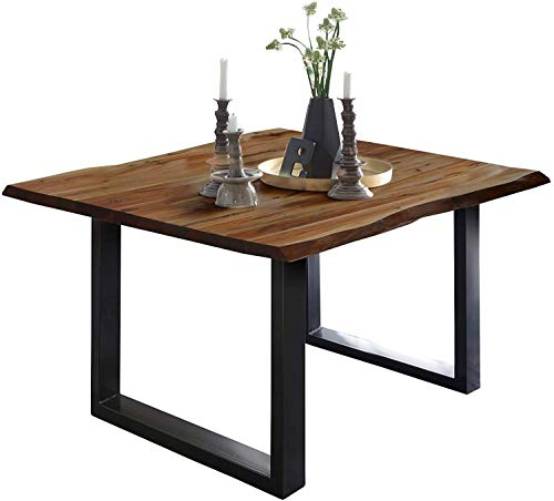 SAM Esszimmertisch 80 x 80 cm Mephisto, Baumkantentisch nussbaumfarben, Akazienholz massiv, U-Gestell aus Metall schwarz