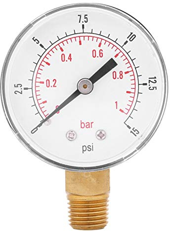 Low Pressure Gauge, Mini Brass Internals Low Pressure Gauge for Fuel Air Oil Or Water Steel Case, Dual Scale, 0-15psi/0-1bar BSPT 1/4 inch Bottom Mount