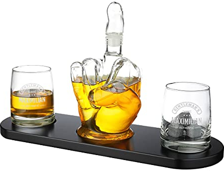6-TLG Whiskey-Set Dekanter mit 2x gravierte Gläser, Holzständer und Whiskysteine - für Genießer - Geschenk für Geburtstag und Jubiläum - Für Whisky, Scotch, Bourbon - Motiv Gentlemans Classic