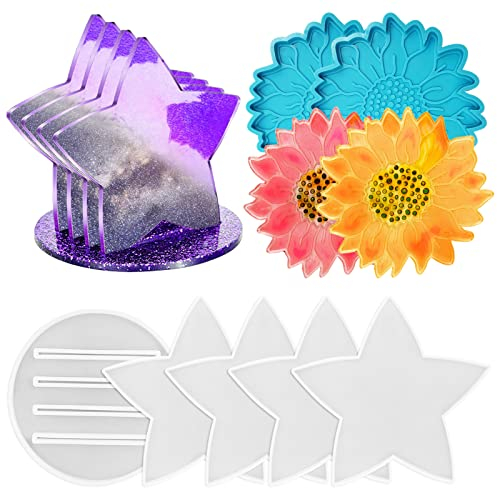 lyfLux Epoxidharz-Guss-Untersetzerformen, 2 Stück Sonnenblumen-Untersetzerformen, 4 Stück Stern-Untersetzer-Formen und 1 Stück Untersetzer-Ständer Aufbewahrungsform