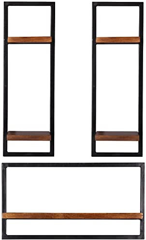 LaNatura Panama Wandregal 3-teilig Mangoholz Natur Altmetall Schwarz Massivholz