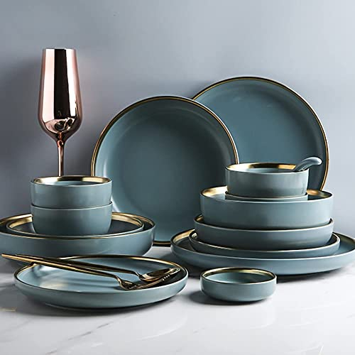 XLBHSH Set di stoviglie in porcellana, stile nordico oro bordo stoviglie set con piatti ciotole e piatto, cucina domestica, piatto da insalata, set di piatti da bistecca, servizio 4, 24 Pezzi