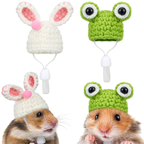 Xuniea 2 Stück Hamsterhüte Mini Hamster Kleidung für Kleintiere Niedliche Handgestrickte Mütze mit verstellbarem Riemen für Hamster Schlangen Frosch Häschen Kleintiere Kostüm Zubehör Foto Requisiten