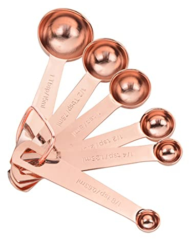 ZINHSQ Measuring Spoons Set of 6 Pieces, Copper Plated Stainless Steel, 6 Sizes with Engraved Measurements, Rustproof, Easy to Store, Durable, Ideal for Cooking and Baking