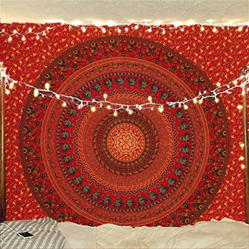 Bless International Indischer Wandbehang aus Baumwolle, psychedelisch, Hippie, Boho, großer mehrfarbiger Mandala-Wandteppich, Queenzsize (215 x 230 cm), Gold/Rot