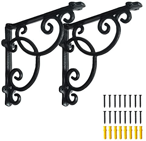 2 Antique Black Shelf Brackets,Cast Iron Shelf Supply,Decorative Corbel,with Screws Anchor (8'' Brackets C)