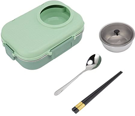 Qcwwy Caja Diseño de Rejilla de Capa 3 Caja de Acero Inoxidable 304 con Palillos Cuchara Tazón de Sopa Térmica 1100Ml Doble (Verde)