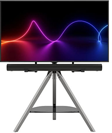 AVF Hoxton TV Floor Stand - With Soundbar Mount Included - Free-standing Tripod TV Unit, Solid Gray Wood Legs, Black Glass Shelf, For TVs 32 to 70