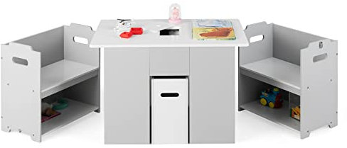 GYMAX Kids Table and Chair Set, 4 in 1 Children Activity Desk with 2 Stackable Chairs, Removable Lid & Storage Bin, 3 Pieces Wooden Toddler Furniture Set for Learning, Playing, Drawing