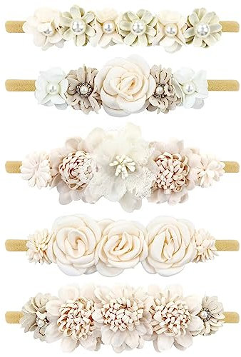 Cinaci 5 Stück Super Dehnbar Weiches Baby Mädchen Nylon Blume Stirnbänder Perle Blumen Diademe Kronen Haarbänder Haarschmuck für Neugeborene Säuglinge Kleinkinder Mädchen Kinder